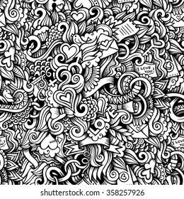 Cartoon hand-drawn doodles on the subject of Love style theme seamless pattern. Vector trace background