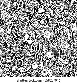 Cartoon hand-drawn doodles on the subject of Casino style theme seamless pattern. Vector trace background
