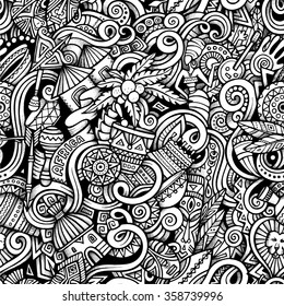 Cartoon hand-drawn doodles on the subject of Africa style theme seamless pattern. Vector trace background