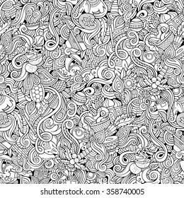 Cartoon hand-drawn doodles on the subject of Indian style theme seamless pattern. Contour vector background