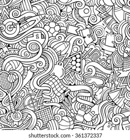 Cartoon hand-drawn doodles on the subject of sports style theme seamless pattern. Vector line art background