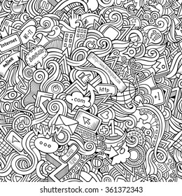 Cartoon hand-drawn doodles on the subject of Internet social media theme seamless pattern. Line art detailed, with lots of objects vector background