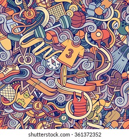 Cartoon hand-drawn doodles on the subject of sports style theme seamless pattern. Vector colorful background