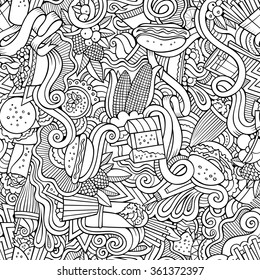 Cartoon Hand-drawn Doodles On The Subject Of Fast Food Theme Seamless Pattern. Line Art Detailed, With Lots Of Objects Vector Background