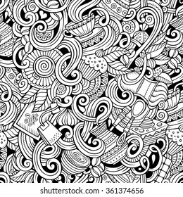 Cartoon hand-drawn doodles on the subject of cafe, coffee shop theme seamless pattern. Line art sketchy detailed, with lots of objects vector background