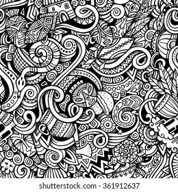 Cartoon hand-drawn doodles on the subject of Africa style theme seamless pattern. Vector trace background