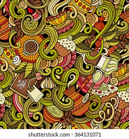 Cartoon hand-drawn doodles on the subject of cafe, coffee shop theme seamless pattern. Colorful detailed, with lots of objects vector background