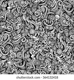 Cartoon hand-drawn doodles on the subject of Africa style theme seamless pattern. Vector trace background