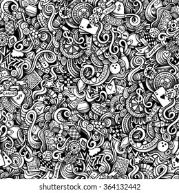 Cartoon hand-drawn doodles on the subject of Casino style theme seamless pattern. Vector trace background