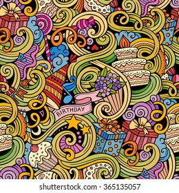 Cartoon hand-drawn doodles on the subject holidays, birthday theme seamless pattern. Colorful detailed, with lots of objects vector background