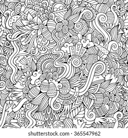 Cartoon hand-drawn doodles on the subject of Easter theme seamless pattern. Line art detailed, with lots of objects vector background