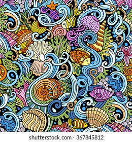 Cartoon hand-drawn doodles on the subject of under water life theme seamless pattern. Colorful detailed, with lots of objects vector background