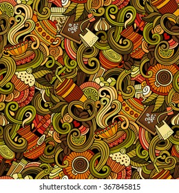 Cartoon hand-drawn doodles on the subject of cafe, coffee shop theme seamless pattern. Colorful detailed, with lots of objects vector background