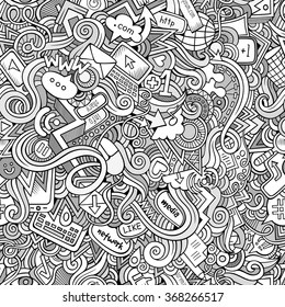 Cartoon hand-drawn doodles on the subject of Internet social media theme seamless pattern. Line art detailed, with lots of objects vector background