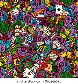 Cartoon hand-drawn doodles on the subject of casino style theme seamless pattern. Vector color background