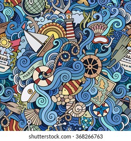 Cartoon hand-drawn doodles on the subject of marine style theme seamless pattern. Colorful vector background