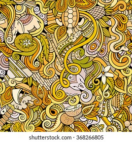 Cartoon hand-drawn doodles on the subject of Indian style theme seamless pattern. Color vector background