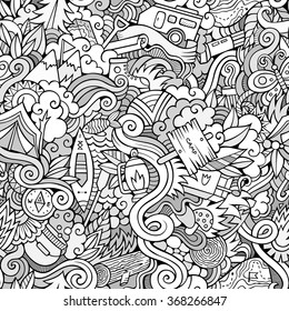 Cartoon hand-drawn doodles on the subject camping theme seamless pattern. Colorful detailed, with lots of objects vector background