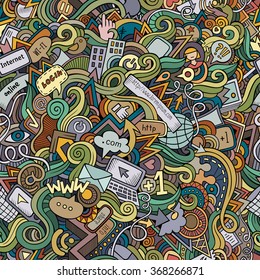 Cartoon hand-drawn doodles on the subject of Internet social media theme seamless pattern. Colorful detailed, with lots of objects vector background