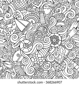 Cartoon hand-drawn doodles on the subject of marine style theme seamless pattern. Contour vector background
