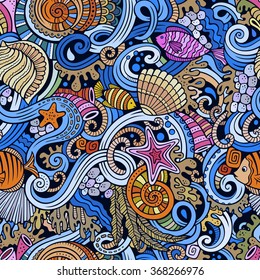 Cartoon hand-drawn doodles on the subject of under water life theme seamless pattern. Colorful detailed, with lots of objects vector background