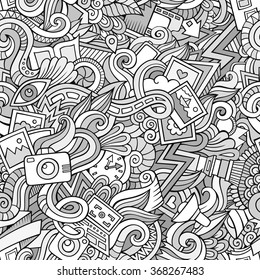 Cartoon hand-drawn doodles on the subject of photography theme seamless pattern. Line art detailed, with lots of objects vector background
