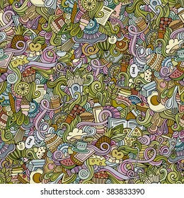 Cartoon hand-drawn doodles on the subject of food theme seamless pattern. Colorful detailed, with lots of objects vector background
