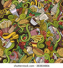 Cartoon hand-drawn doodles on the subject of food, fast food theme seamless pattern. Colorful detailed, with lots of objects vector background