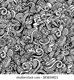 Cartoon hand-drawn doodles on the subject of Africa style theme seamless pattern. Vector trace background