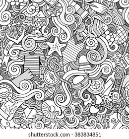 Cartoon hand-drawn doodles on the subject of marine theme seamless pattern. Line art sketchy detailed, with lots of objects vector background