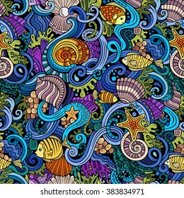 Cartoon hand-drawn doodles on the subject of under water life theme seamless pattern. Colorful detailed, with lots of objects vector background