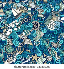 Cartoon hand-drawn doodles on the subject of nautical theme seamless pattern. Colorful detailed, with lots of objects vector background