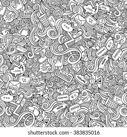 Cartoon hand-drawn doodles on the subject of Internet social media theme seamless pattern. Line art detailed, with lots of objects vector background