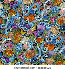 Cartoon hand-drawn doodles on the subject of under water life theme seamless pattern. Colorful detailed, with lots of objects vector background
