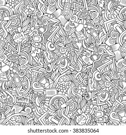 Cartoon hand-drawn doodles on the subject of medical theme seamless pattern. Line art sketchy detailed, with lots of objects vector background