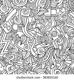 Cartoon hand-drawn doodles on the subject of photo theme seamless pattern. Line art sketchy detailed, with lots of objects vector background