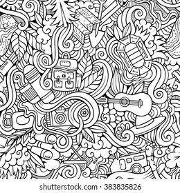 Cartoon hand-drawn doodles on the subject of camping theme seamless pattern. Line art sketchy detailed, with lots of objects vector background