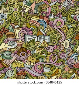 Cartoon hand-drawn doodles on the subject of food theme seamless pattern. Colorful detailed, with lots of objects vector background