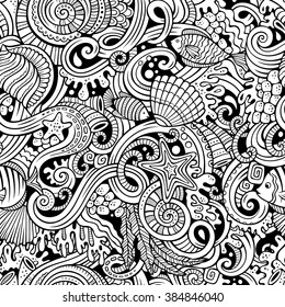 Cartoon hand-drawn doodles on the subject of under water life theme seamless pattern. Line art detailed, with lots of objects vector background