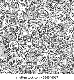 Cartoon hand-drawn doodles on the subject of shopping seamless pattern. Line art sketchy detailed, with lots of objects vector background