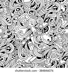Cartoon hand-drawn doodles on the subject of Design and art theme seamless pattern. Line art detailed, with lots of objects vector background