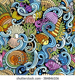 Cartoon hand-drawn doodles on the subject of under water life theme seamless pattern. Colorful detailed, with lots of objects vector background