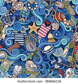 Cartoon hand-drawn doodles on the subject nautical marine theme seamless pattern. Colorful detailed, with lots of objects vector background