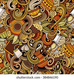 Cartoon hand-drawn doodles on the subject of cafe, coffee shop theme seamless pattern. detailed, with lots of objects vector background