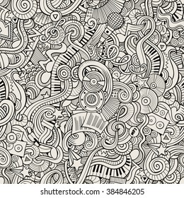 Cartoon hand-drawn doodles on the subject of musical theme seamless pattern. Line art sketchy detailed, with lots of objects vector background