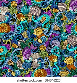 Cartoon hand-drawn doodles on the subject of under water life theme seamless pattern. Colorful detailed, with lots of objects vector background