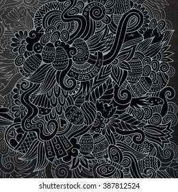 Cartoon hand-drawn doodles on the subject of Easter theme pattern. Chalkboard detailed, with lots of objects vector background