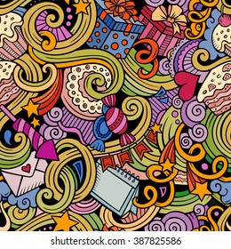 Cartoon hand-drawn doodles on the subject holidays, birthday theme seamless pattern. Colorful detailed, with lots of objects vector background
