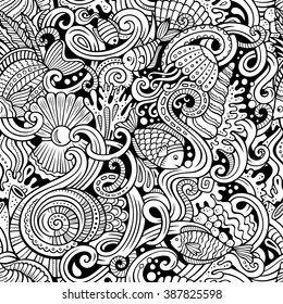 Cartoon hand-drawn doodles on the subject of under water life theme seamless pattern. Line art detailed, with lots of objects vector background