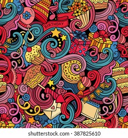 Cartoon hand-drawn doodles on the subject holidays, birthday theme seamless pattern. Colorful detailed, with lots of objects vector background